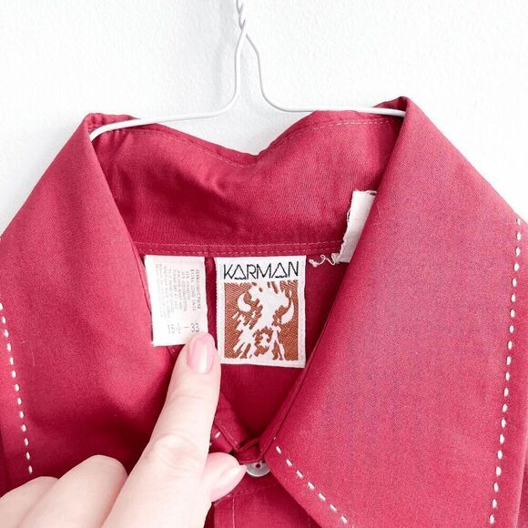 Vintage Karman Mens Pearl Snap Button Western Shirt Burgundy Red Size 15.5-33 - Picture 5 of 10